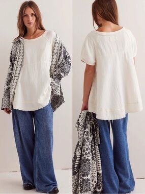 Free People Bohemian Ethereal Billowy Sunset City Tunic Swing Top White Medium
